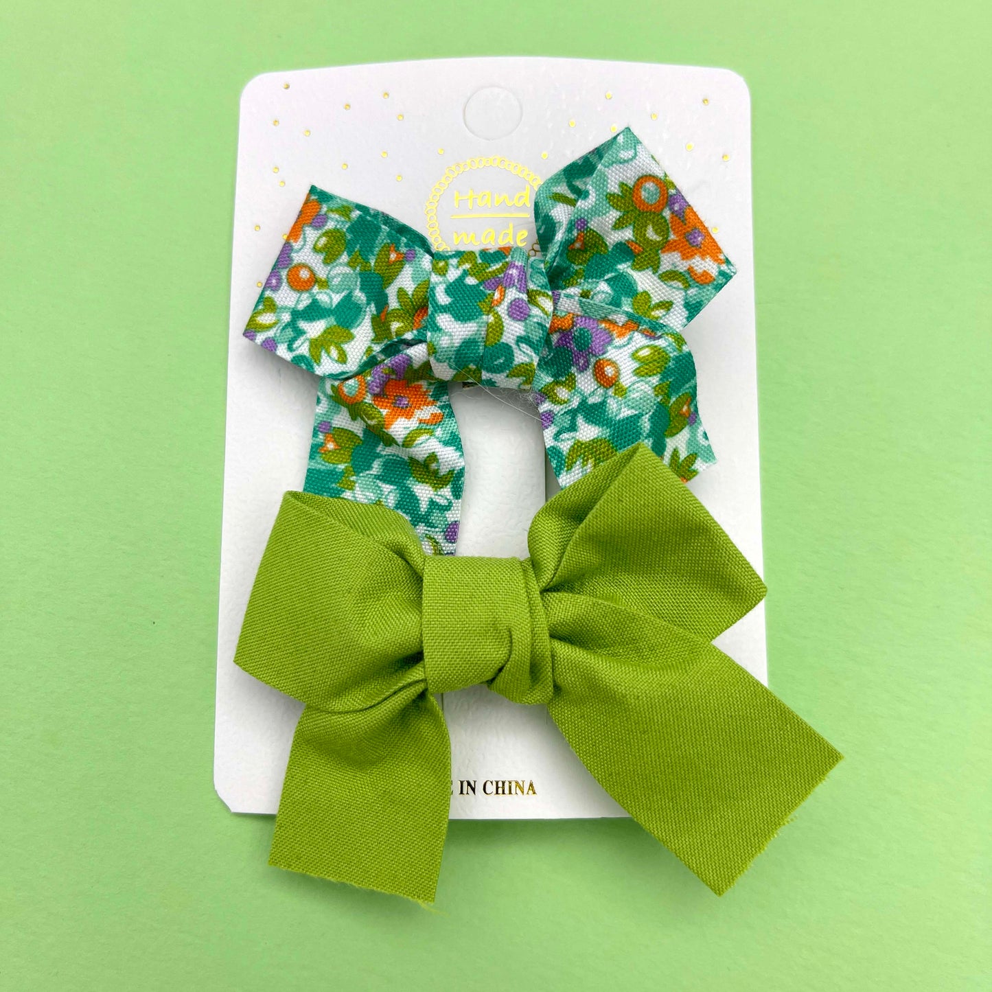 Floral & Plain Cotton Hair Bow Clip - Green