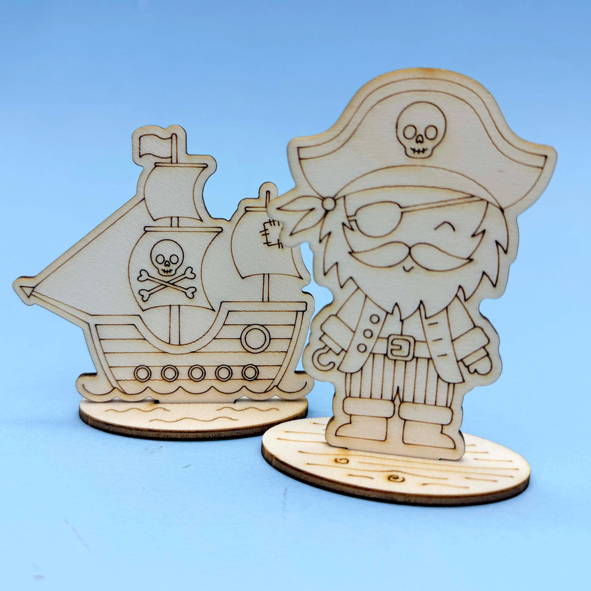 Optional Wooden Pirate Theme - Colour Me – choose in the Pirate DIY party bag builder; one assorted design supplied uncoloured
