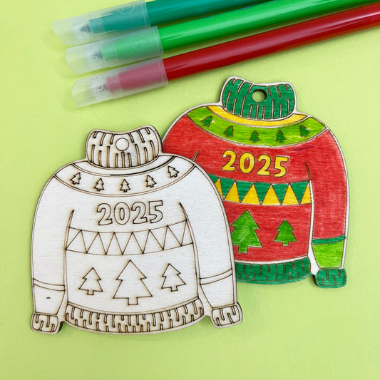 2025 Christmas Jumper Wooden Decoration to Colour