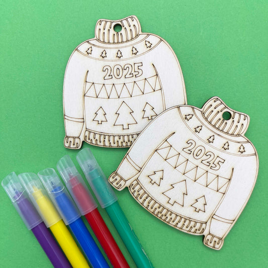 2025 Christmas Jumper Wooden Hanging Decoration to Colour