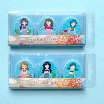 3 pack Eraser Set - Mermaid; one pack of three erasers included