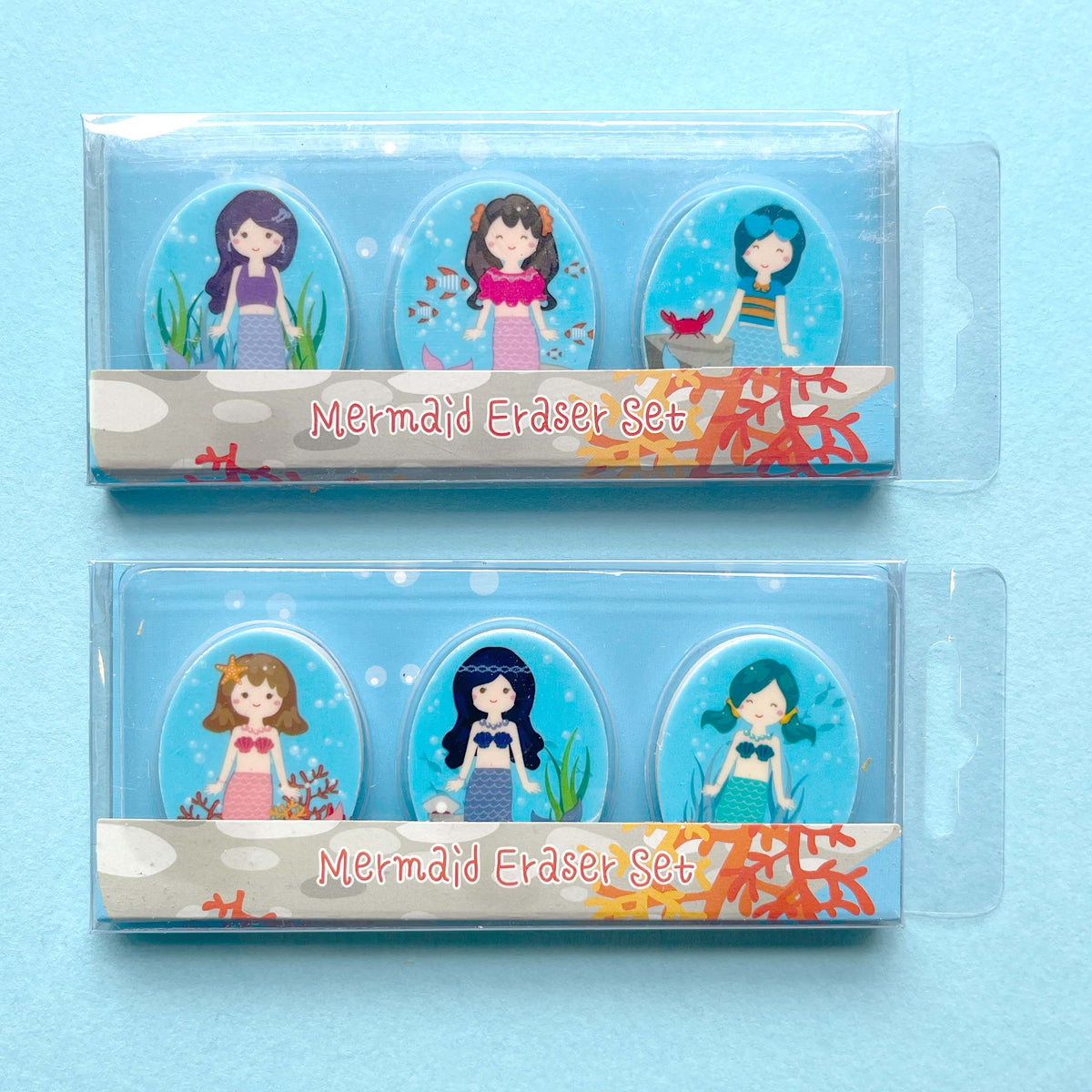 Three-pack mermaid eraser set included in the mermaid party bag