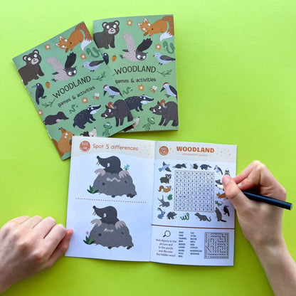 Woodland puzzle and activity book showing covers and inside pages; one A6 book included