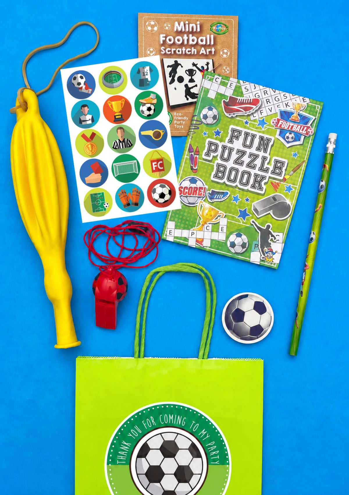 Goal Football Party Bag with football sticker sheet, scratch art, puzzle book, pencil, eraser, whistle and punch balloon