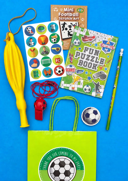 Goal Football Party Bag with football sticker sheet, scratch art, puzzle book, pencil, eraser, whistle and punch balloon