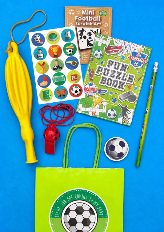 Goal Football Party Bag with football sticker sheet, scratch art, puzzle book, pencil, eraser, whistle and punch balloon