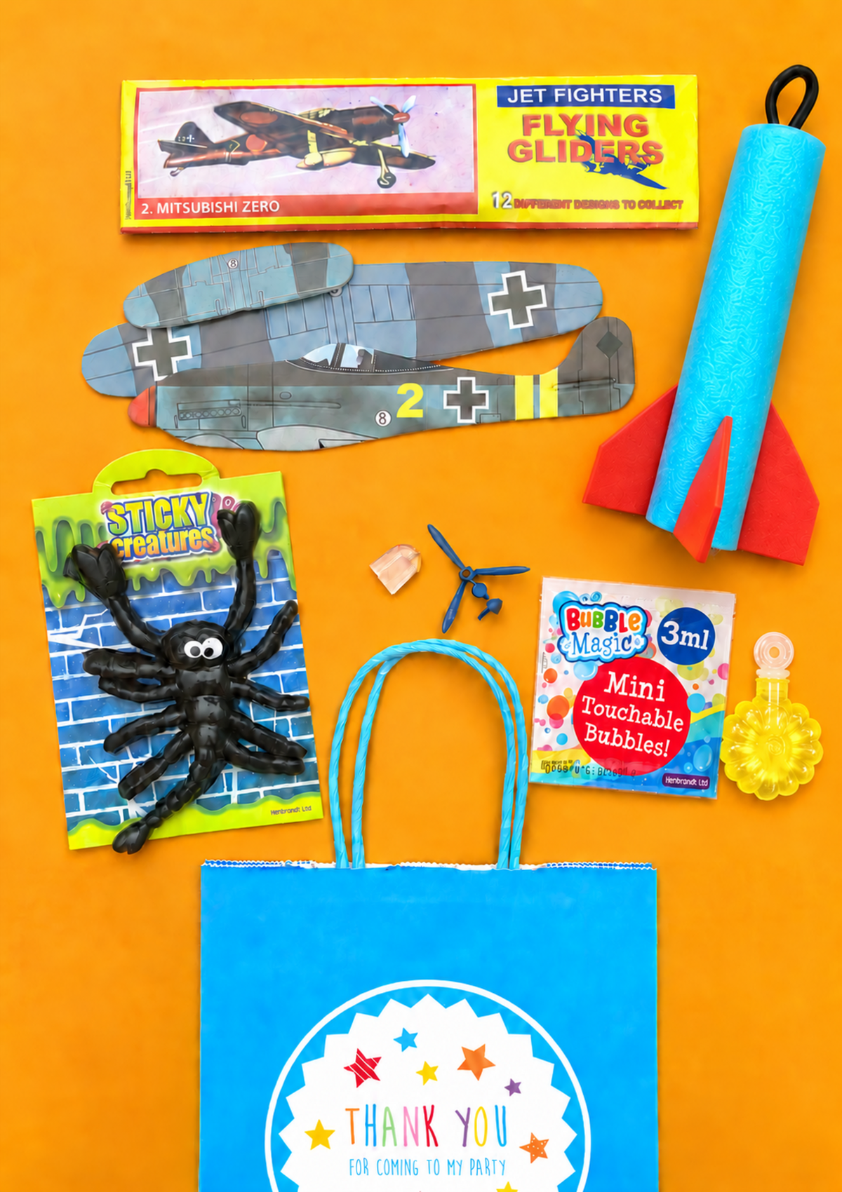 The Noah Party Bag with glider, sticky creature, finger flying rocket and touchable bubbles