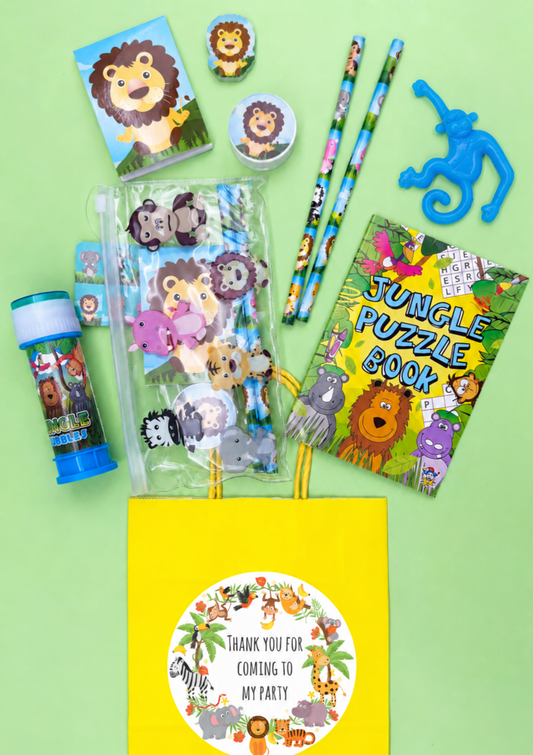 Jungle party bag with bubbles, puzzle book, filled pencil case and blue stretchy monkey