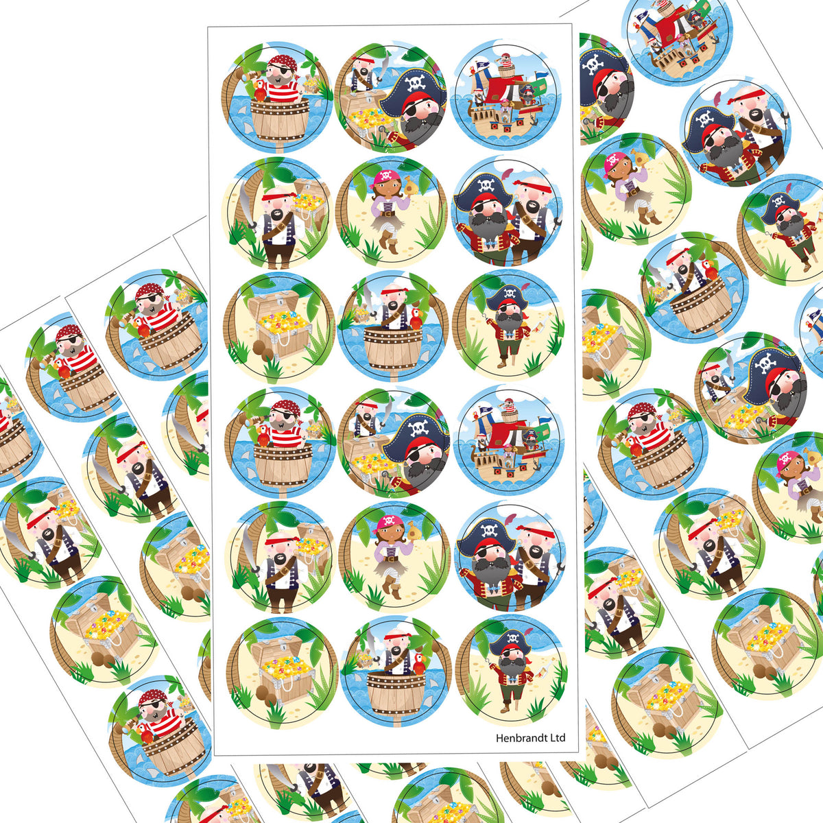 Pirate sticker sheet with 18 stickers included in the party bag
