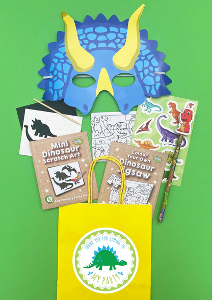 The Dinosaur Party Bag - Eco Friendly showing its included contents; optional packaging and extras may be shown