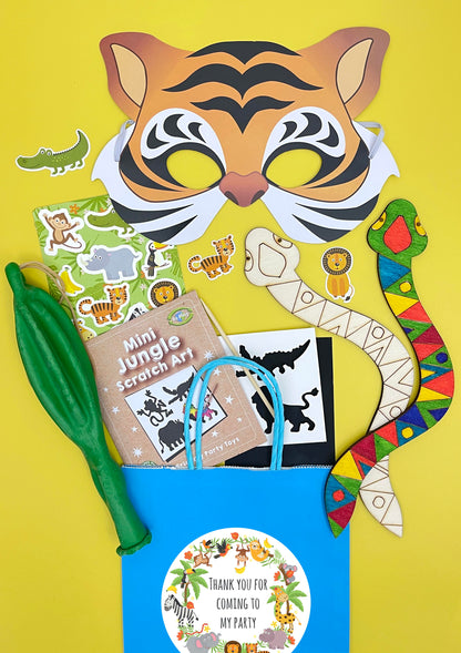 Eco Jungle Fun Party Bag showing a paper bag, animal mask, scratch art, stickers, punch balloon and wooden snake with decorating examples.