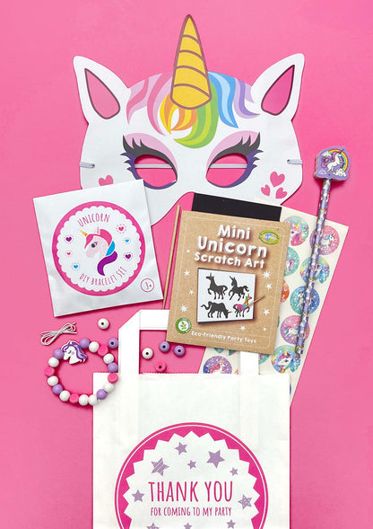 Eco Unicorn Party Bag showing its included contents; one assorted version of each item supplied