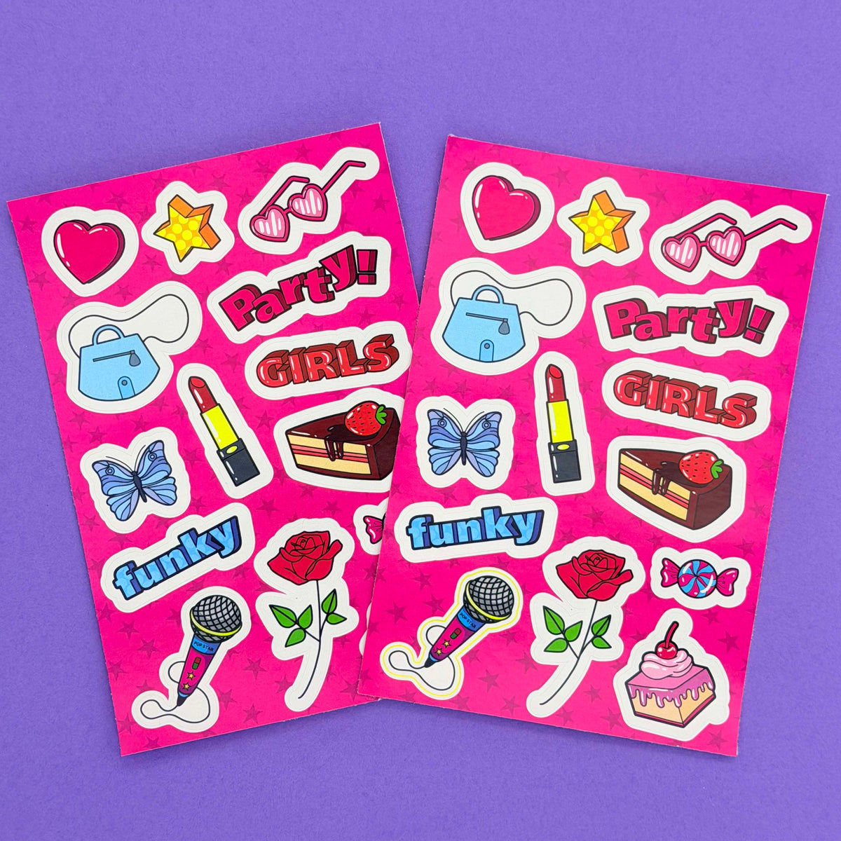 Girls Sticker Sheet - 10cm x 15cm — one included in Pop Diva Party Bag; assorted designs shown where applicable