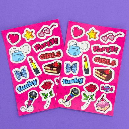 Girls Sticker Sheet - 10cm x 15cm — one included in Pop Diva Party Bag; assorted designs shown where applicable