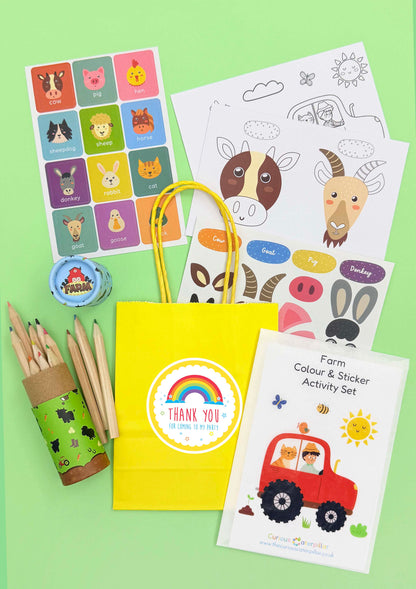 Farm Mini Party Bag with Colouring & Stickers, showing included contents and an optional label; assorted colours and designs may vary.
