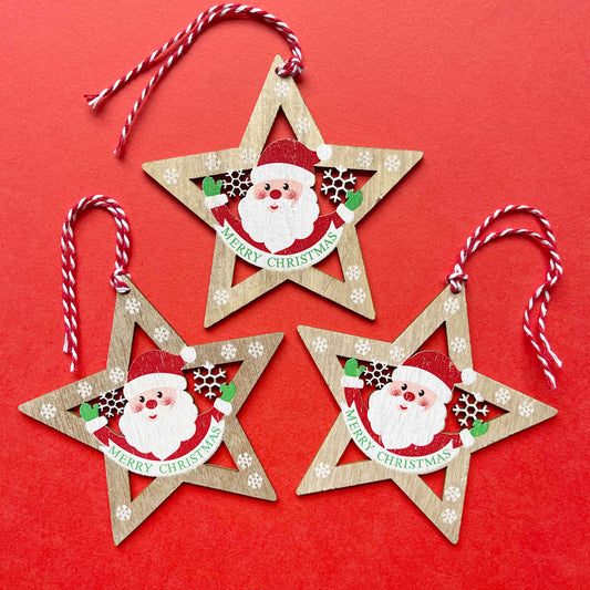 Christmas Wooden Decoration - Star Santa - 10.5cm