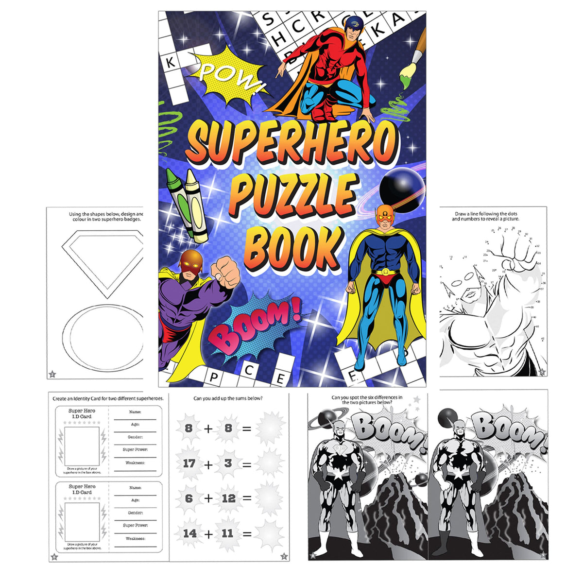 Super Hero Puzzle Book; optional choice for a superhero build-your-own party bag; only included if selected; assorted designs may vary.