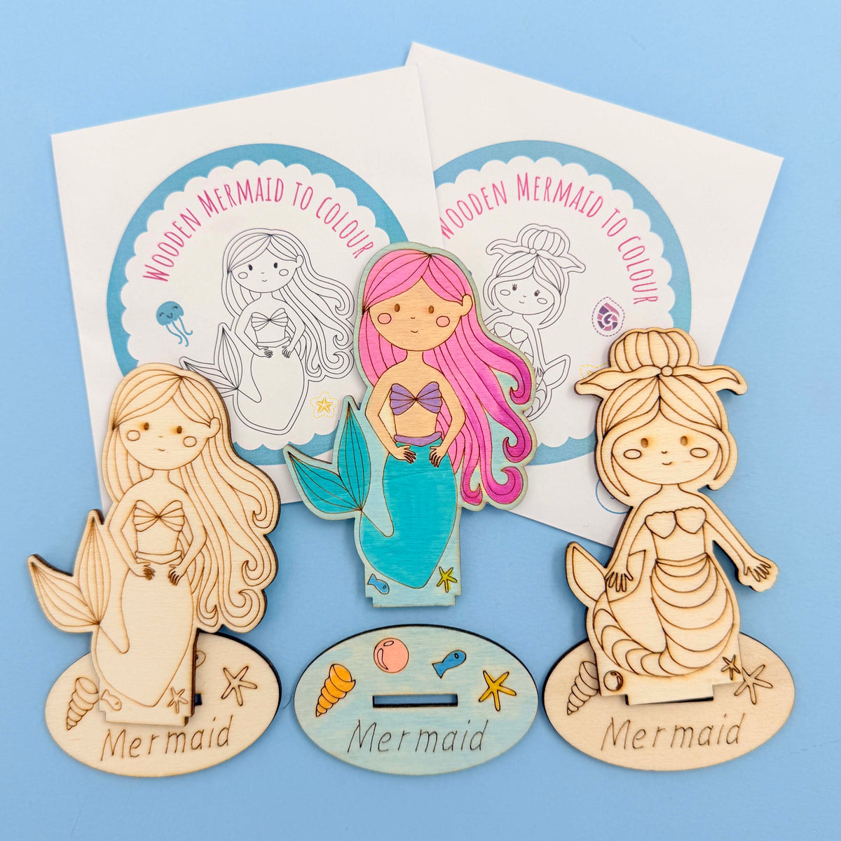Wooden Mermaid with Base - Colour Me included in merry mermaid cotton party bag