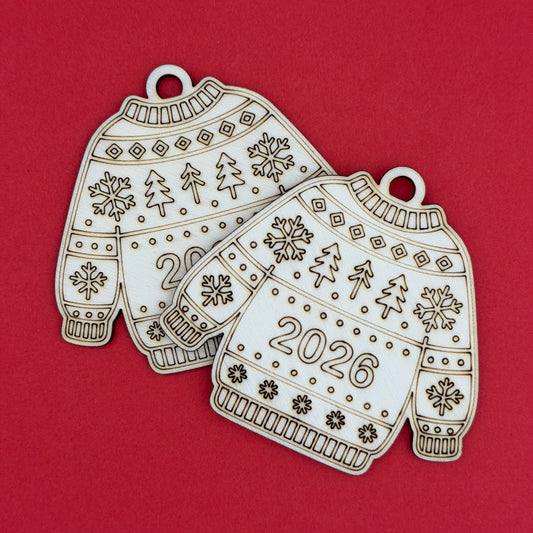 2026 Christmas Jumper Wooden Hanging Decoration to Colour
