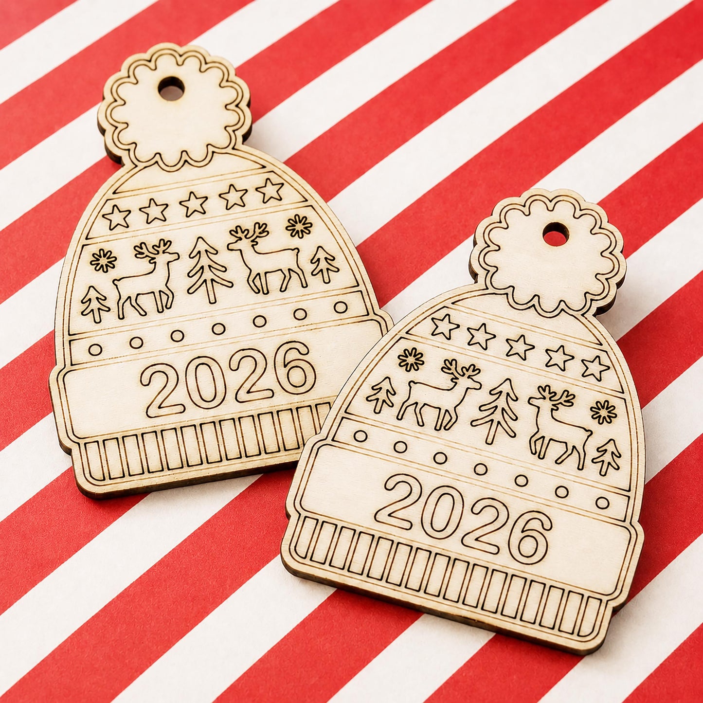 2026 Christmas Bobble Hat Wooden Hanging Decoration to Colour