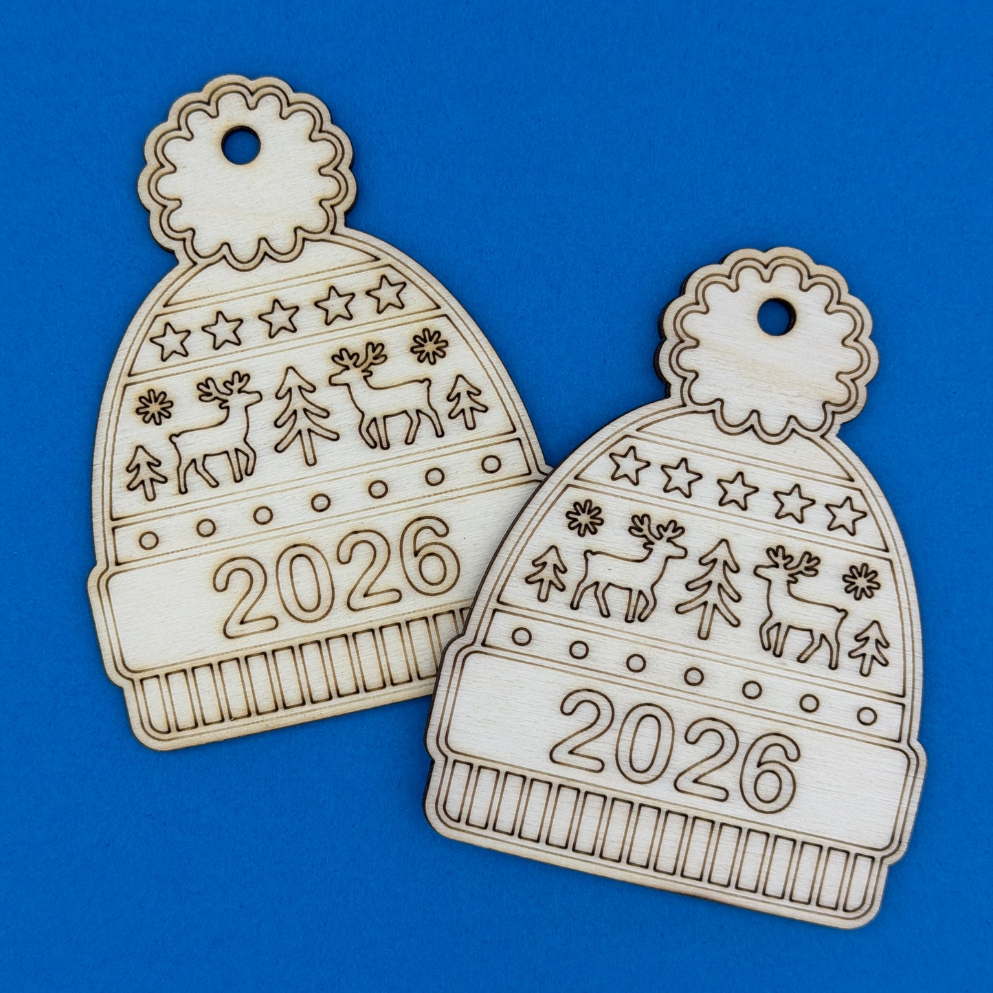2026 Christmas Bobble Hat Wooden Hanging Decoration to Colour