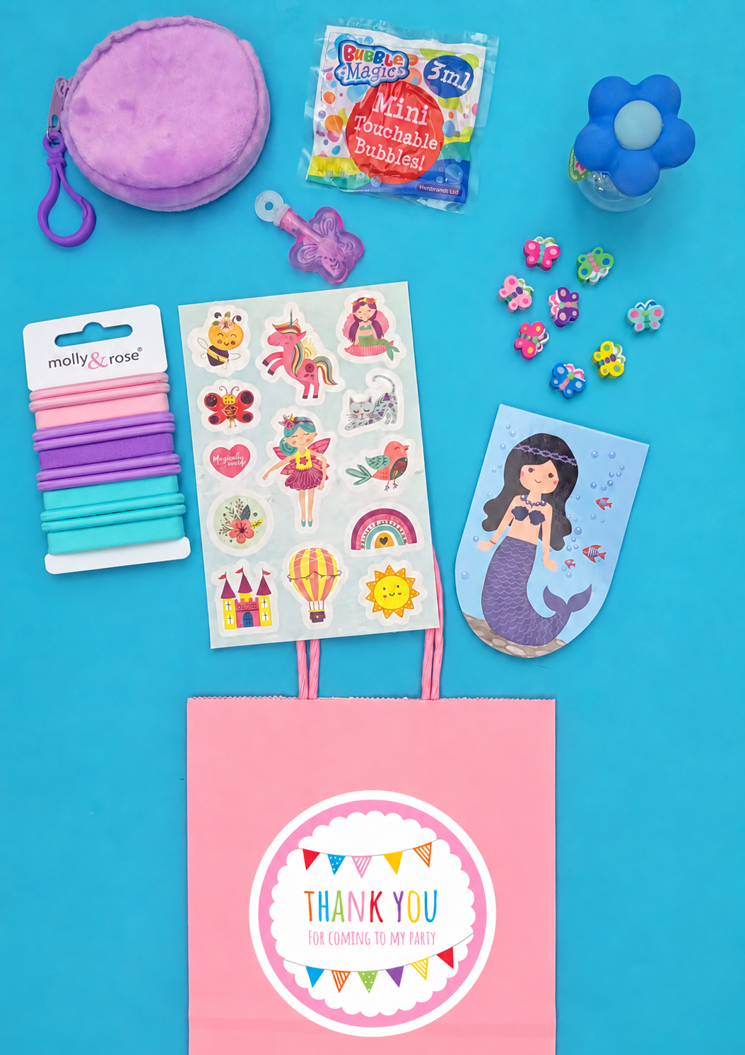 Cute Girls Party Bag showing its included contents; one assorted version of each item supplied
