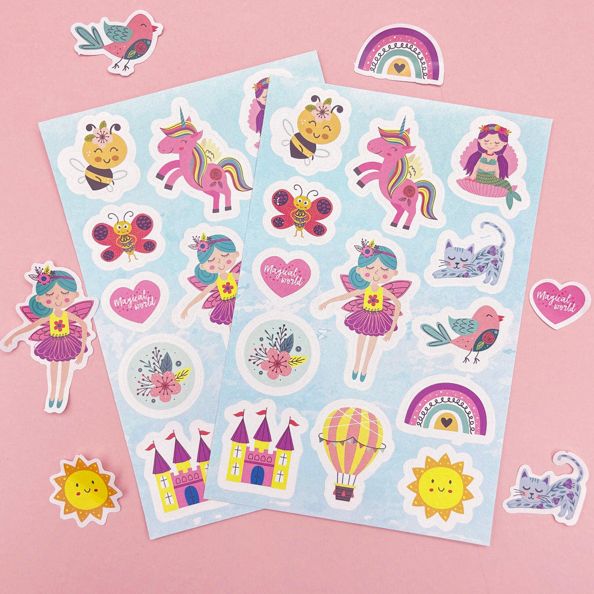 Magical World sticker sheet, one 10cm by 15cm sheet included per Girls Mega Party Bag