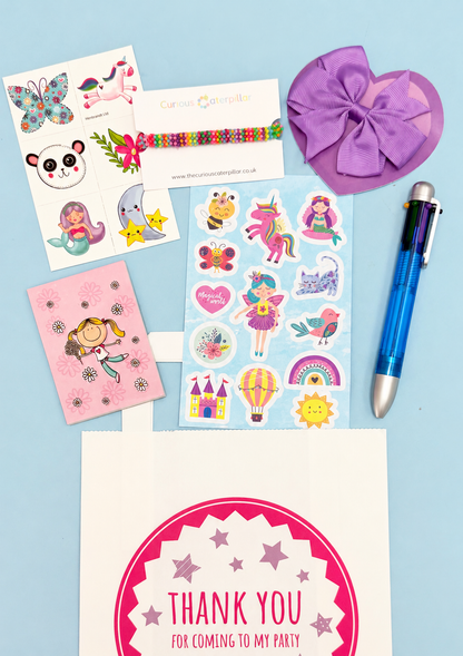 Girls Mega Party Bag showing its included contents; one assorted version of each item supplied