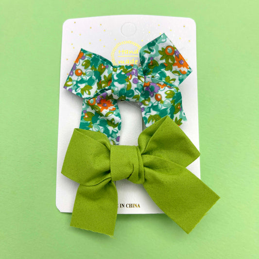 Floral & Plain Cotton Hair Bow Clip - Green