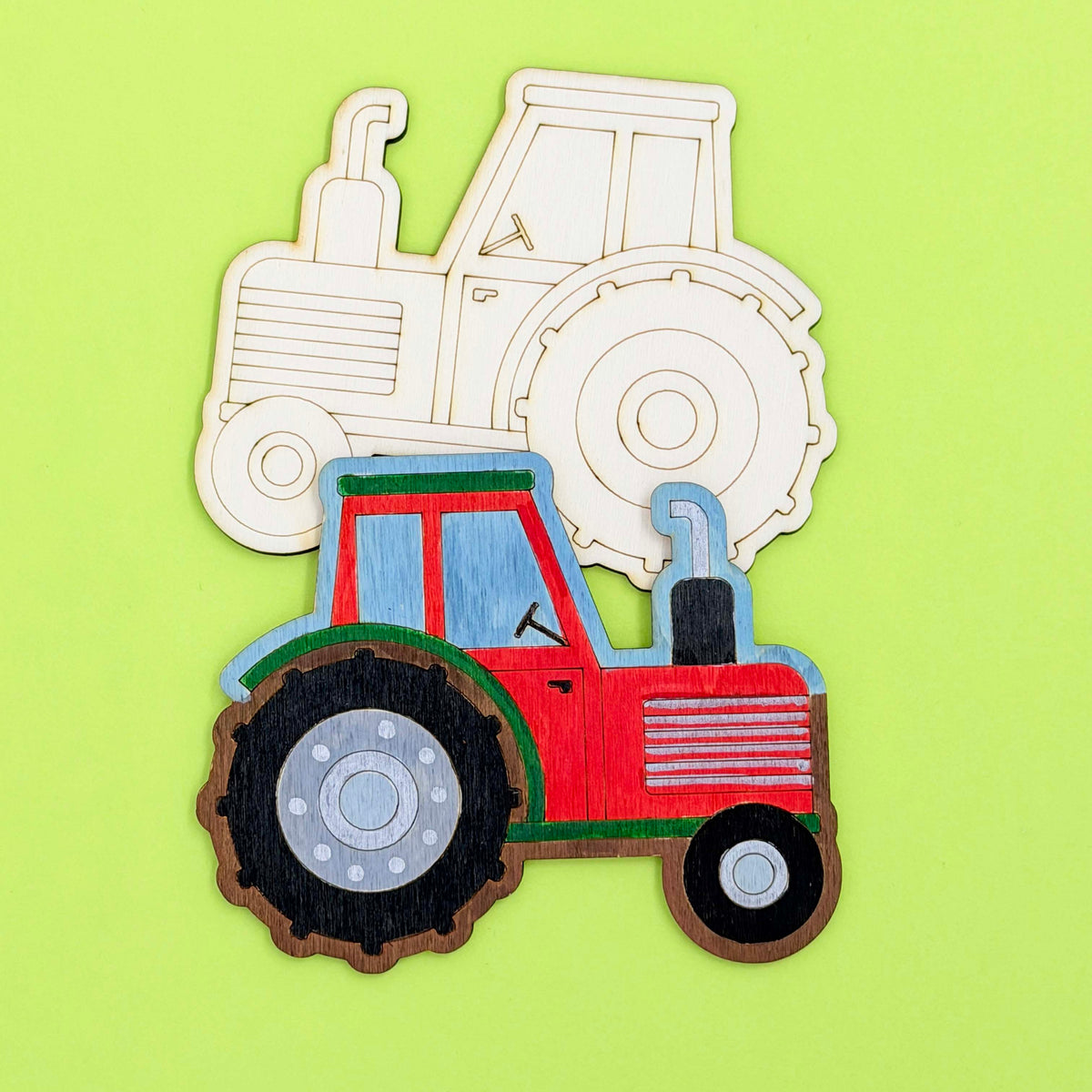 Wooden tractor to colour — one included in Farm Party Bag, supplied uncoloured; coloured example shown for inspiration