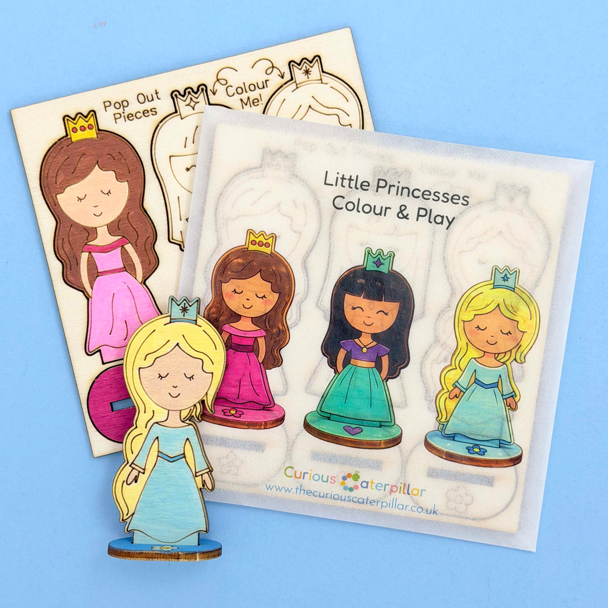 Wooden Mini Princesses - Colour & Play; optional choice for a princess build-your-own party bag; set of three figures supplied uncoloured; coloured example shows decorating ideas.