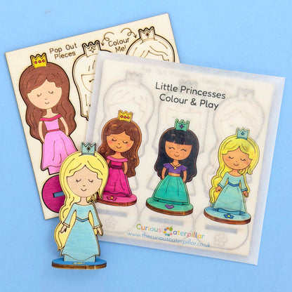 Wooden Mini Princesses - Colour & Play; optional choice for a princess build-your-own party bag; set of three figures supplied uncoloured; coloured example shows decorating ideas.