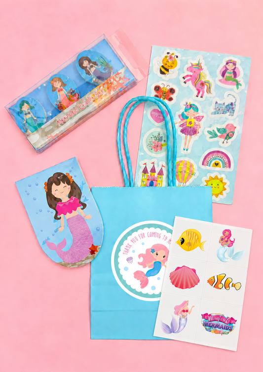 Mermaid mini party bag with memo pad, three erasers, stickers and one tattoo sheet; optional label shown
