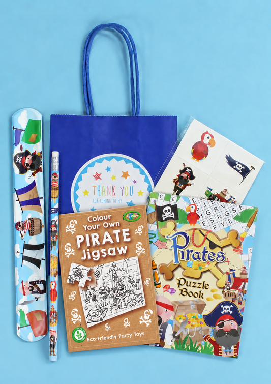 Pirate mini party bag with one colouring jigsaw, one pirate pencil, puzzle book, snap bracelet and tattoo sheet; label optional