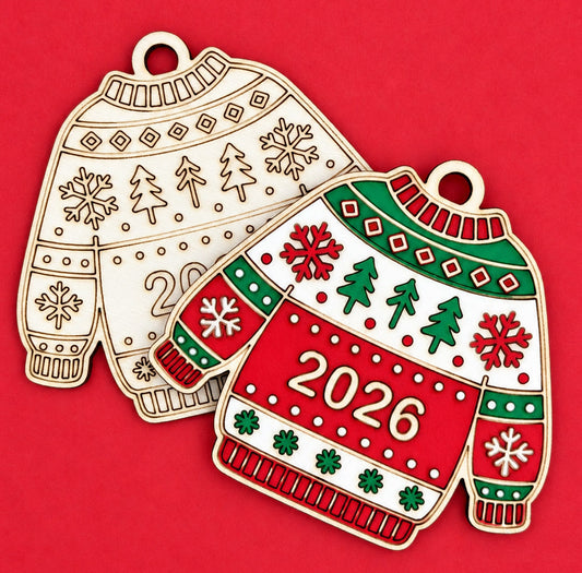 2026 Christmas Jumper Wooden Hanging Decoration to Colour