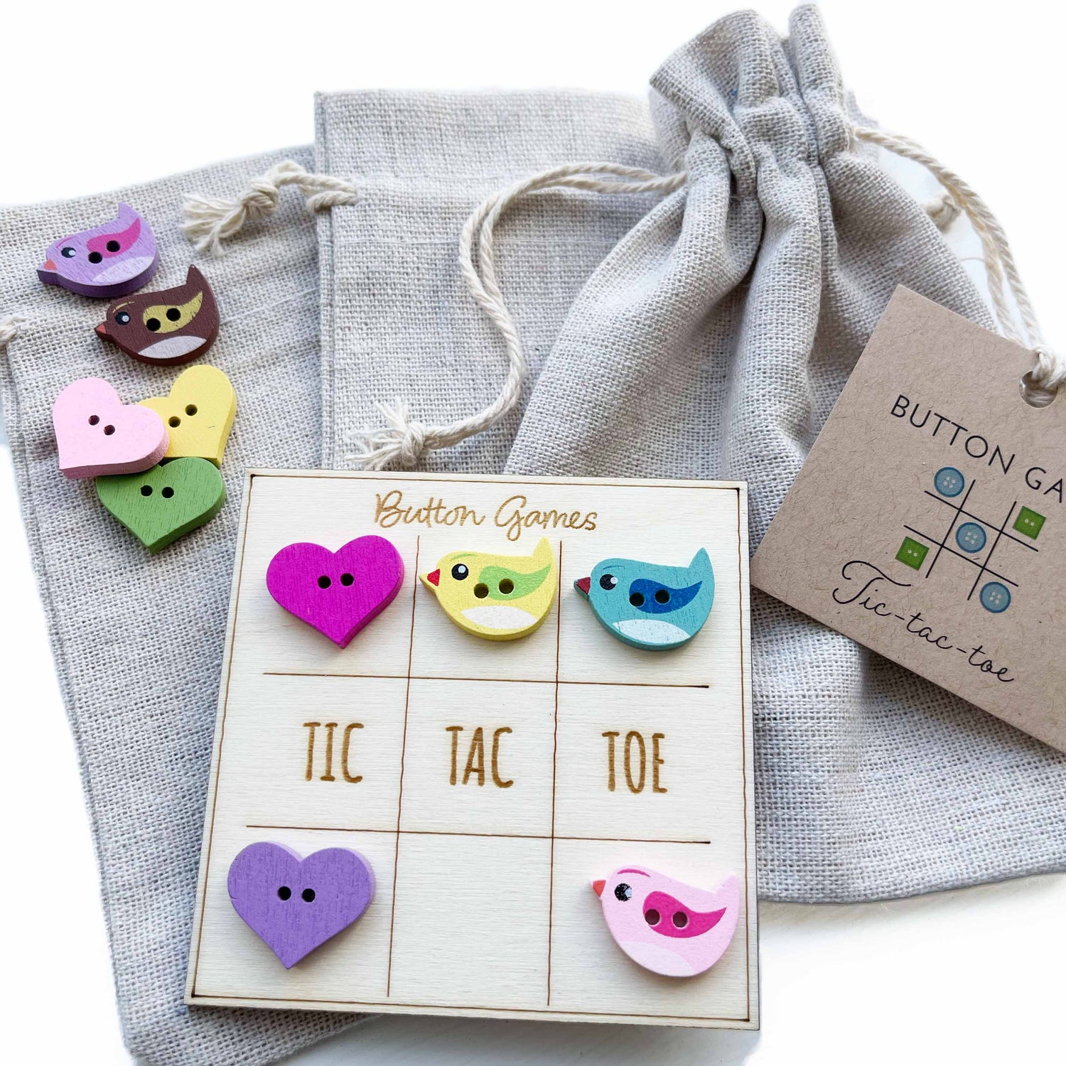 Button Game - TIC TAC TOE - Birds & Hearts-Party Bag Fillers - Girls-The Curious Caterpillar