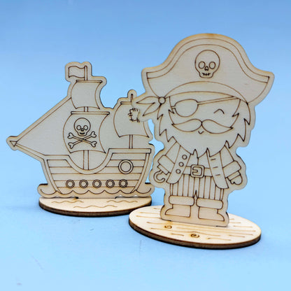 Optional Wooden Pirate Theme - Colour Me – choose in the Pirate DIY party bag builder; one assorted design supplied uncoloured