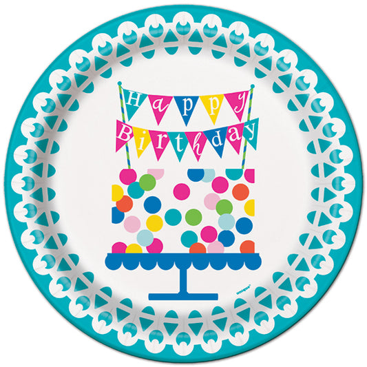 Happy Birthday Confetti Cake Paper Plates 23cm 8 Pack